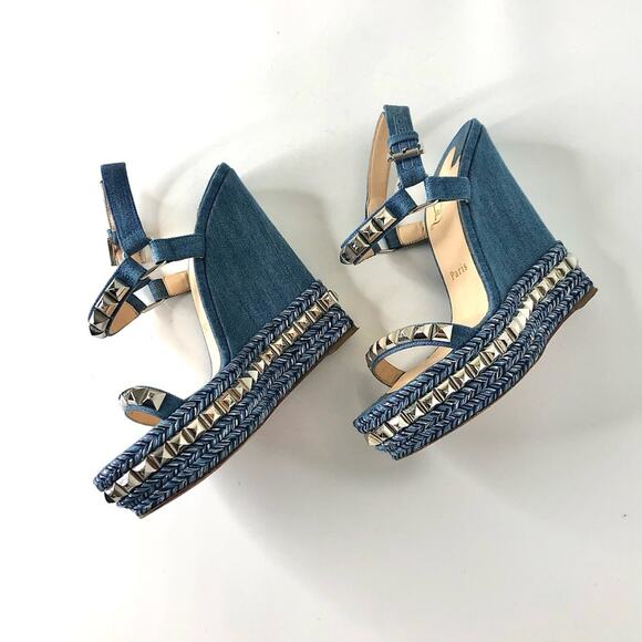 Christian Louboutin Cataclou 140 Jeans Silvers Studded Wedge Platform Sandals 37 - Picture 6 of 13